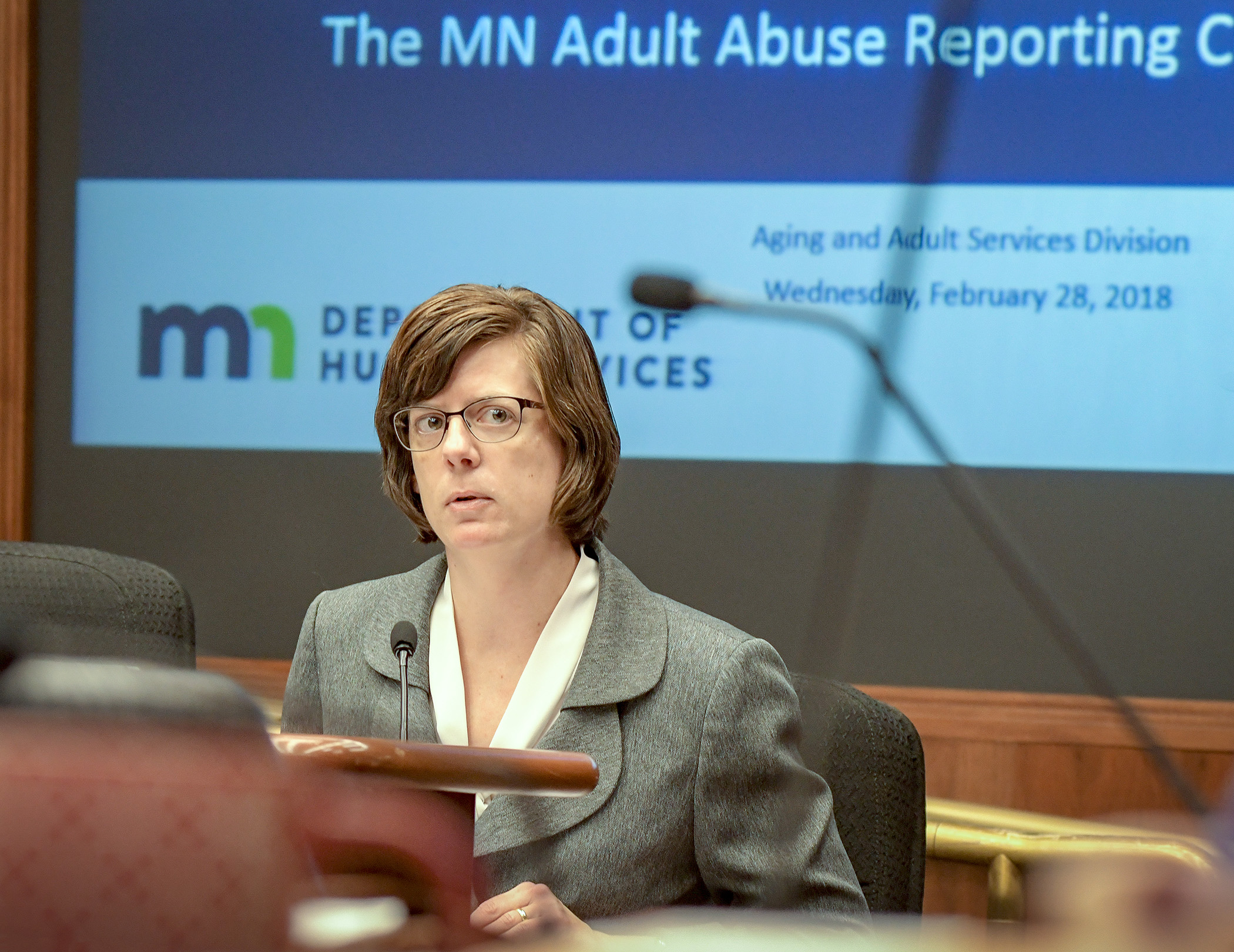 Kari Benson, director of aging and adult services for the Department of Human Services, presents an overview of the Minnesota Adult Abuse Reporting Center to the House Subcommittee on Aging and Long-Term Care Feb. 28. Photo by Andrew VonBank